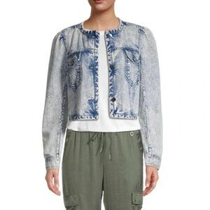 Tanya Taylor Dakota Denim Blue Acid Washed Cropped Jean Jacket Sz 1X